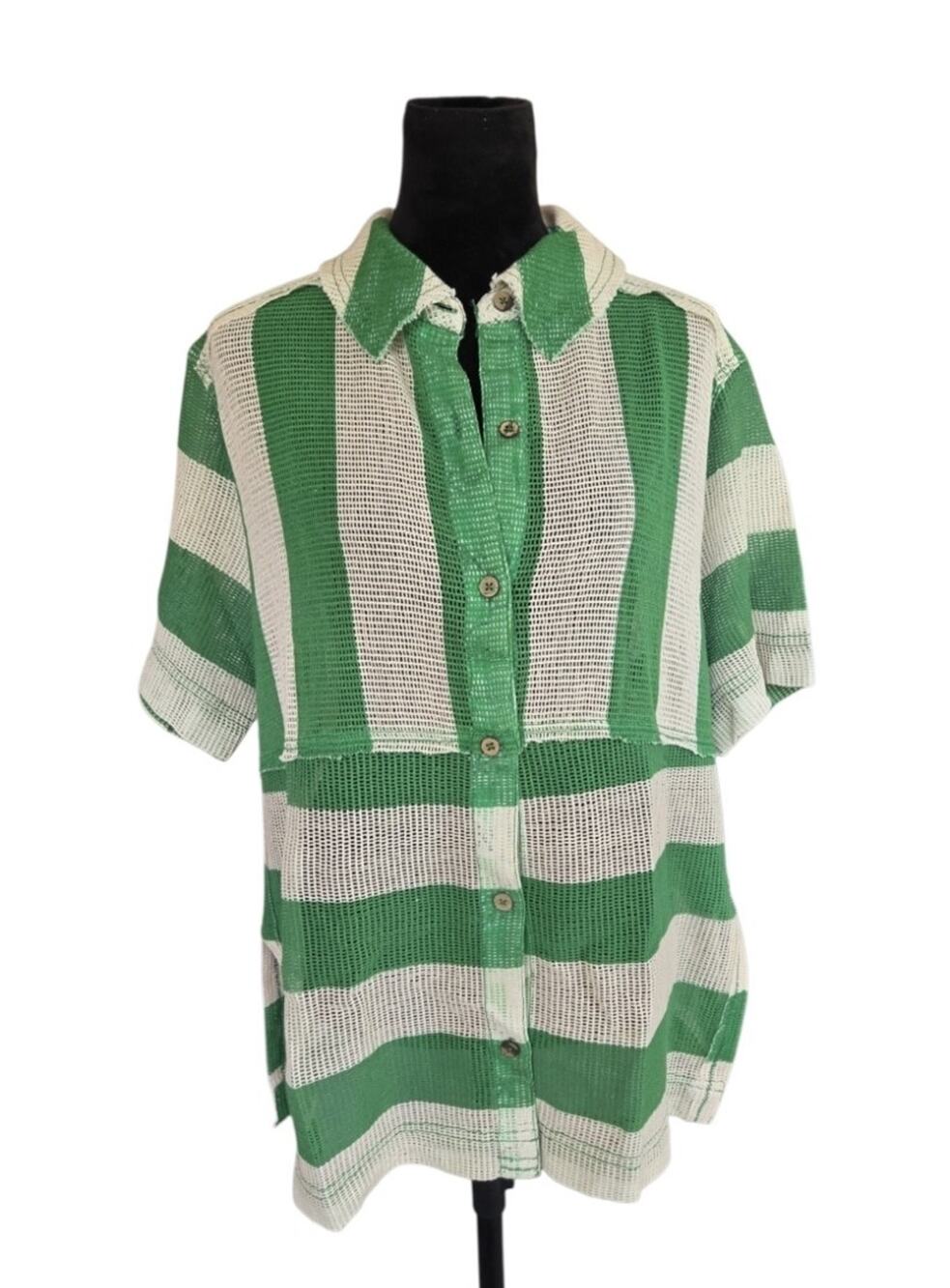 We The Free Del Mar Cabana Shirt Green Combo Open Knit Stripe Oversized Size XS